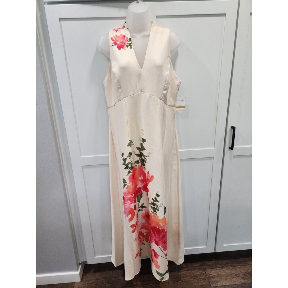 NEW Taylor Size 14 Floral Dress Shift V-Neck Sleeveless Cream Pink